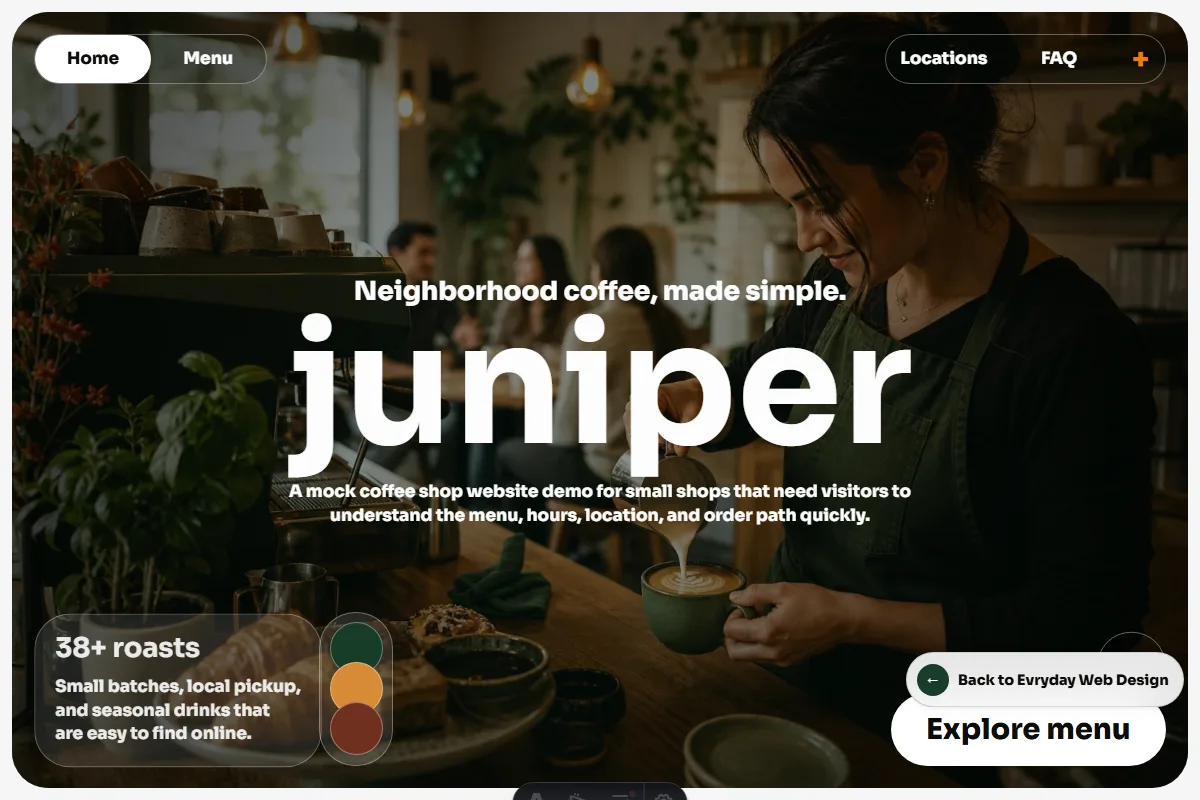 Juniper House coffee shop website demo homepage preview