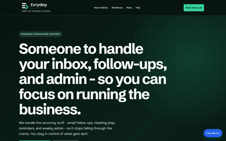Evryday Agent homepage with a deep slate-teal grid and large operations headline