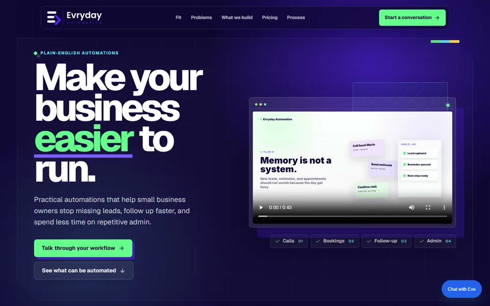 Evryday Automation homepage with a violet workflow console and green signal accents