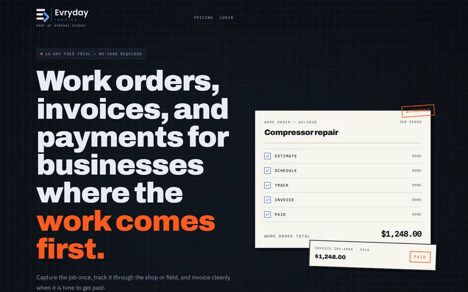 Evryday Invoice homepage with a blueprint grid, work order, and safety-orange paid stamp