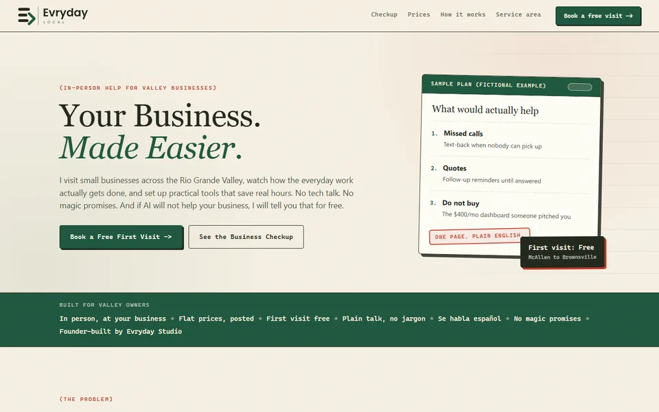 Evryday Local homepage with a forest-green field guide on cream paper