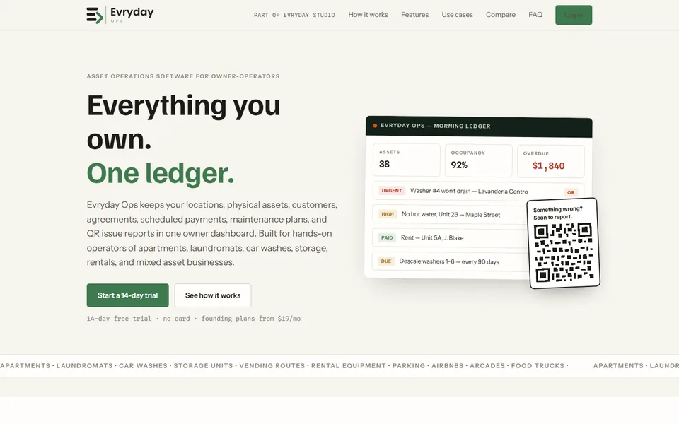 Evryday Ops homepage with a moss-green ledger and maintenance alert vignette
