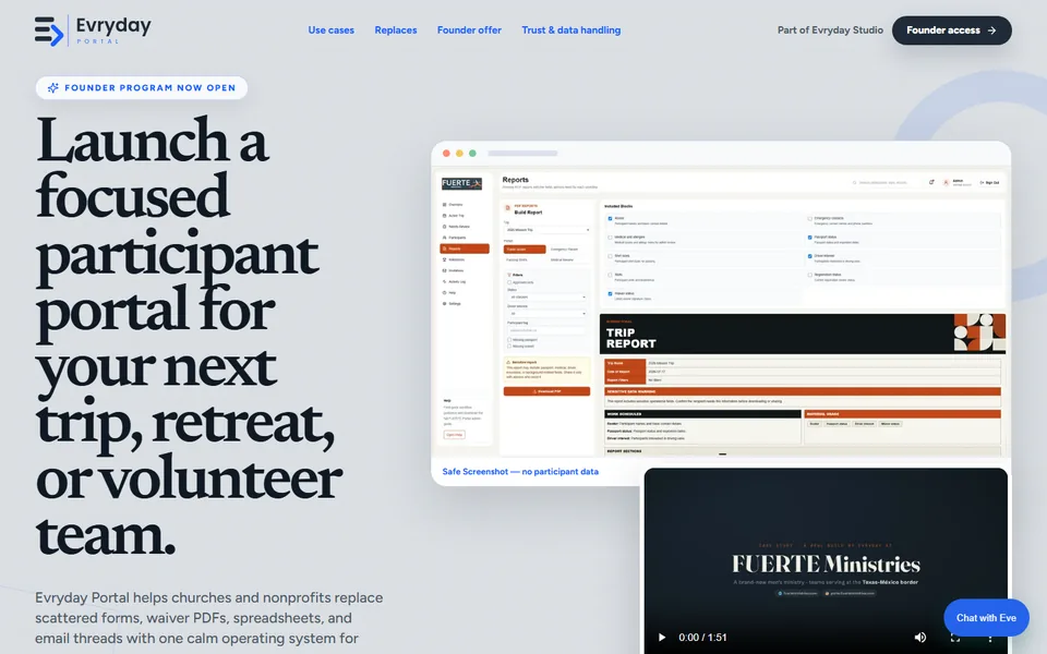 Evryday Portal homepage with participant-blue accents and a real FUERTE report screen