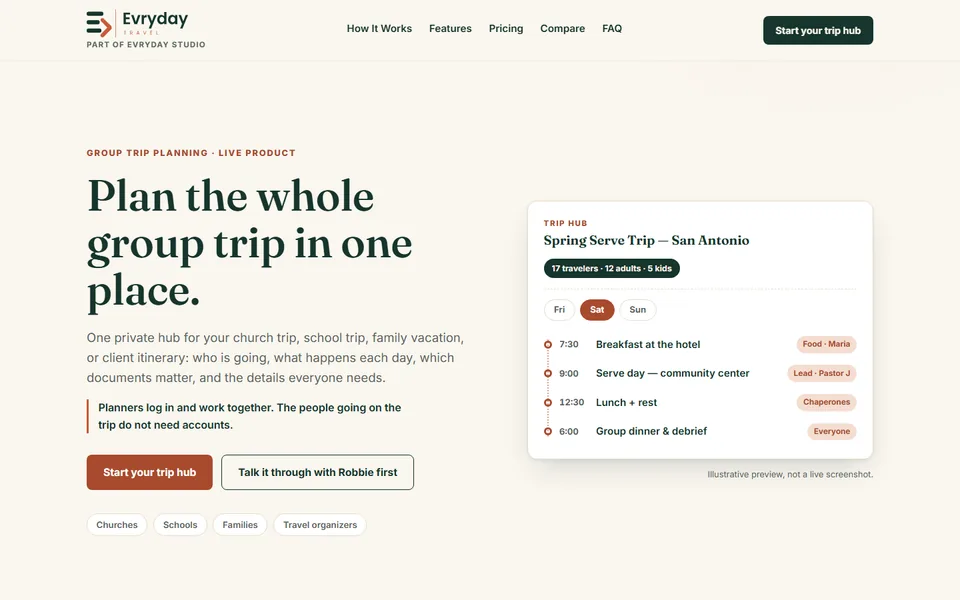 Evryday Travel homepage with terracotta controls and a cream trip itinerary card