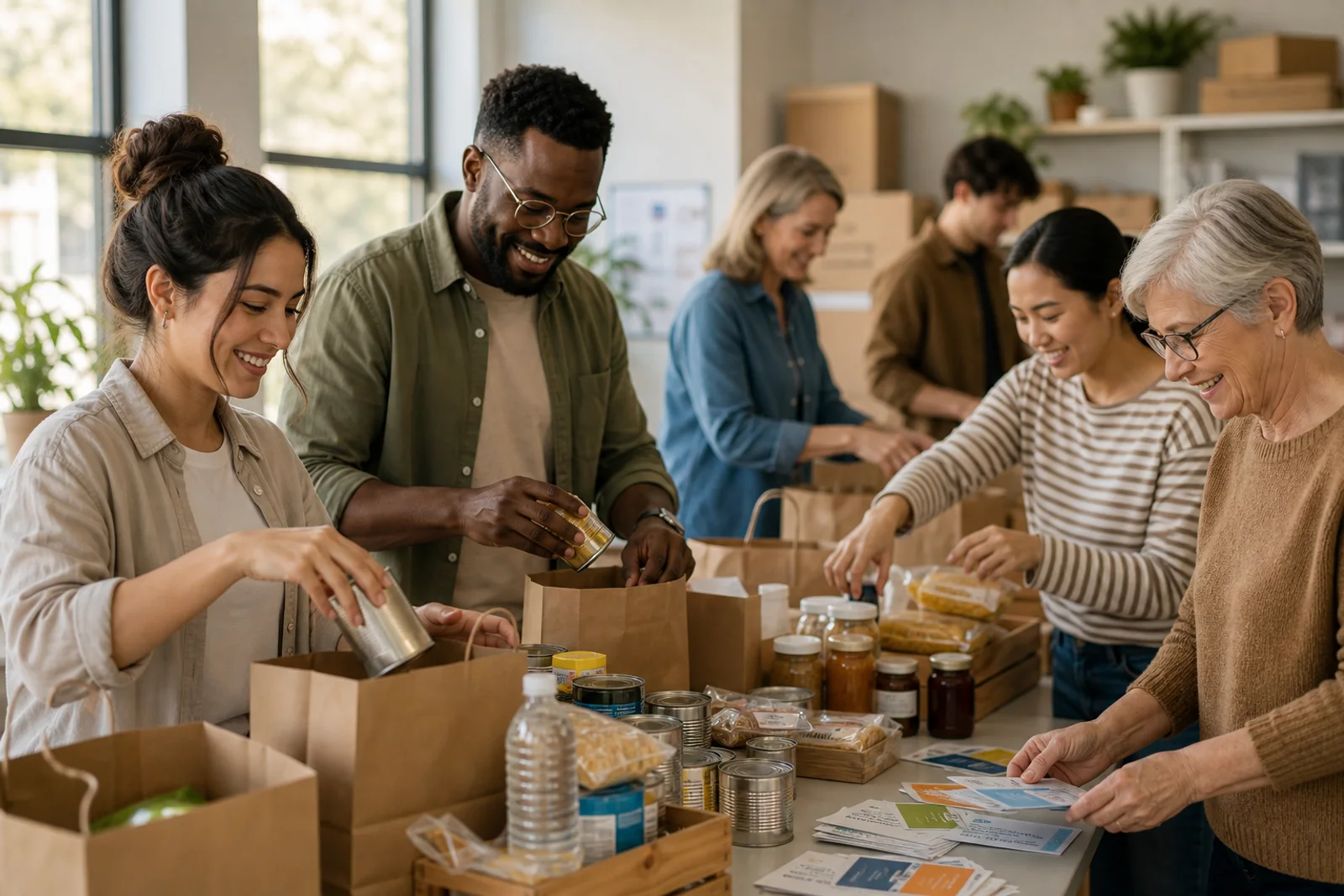 Fictional volunteers packing food and resource bags for a nonprofit community outreach demo