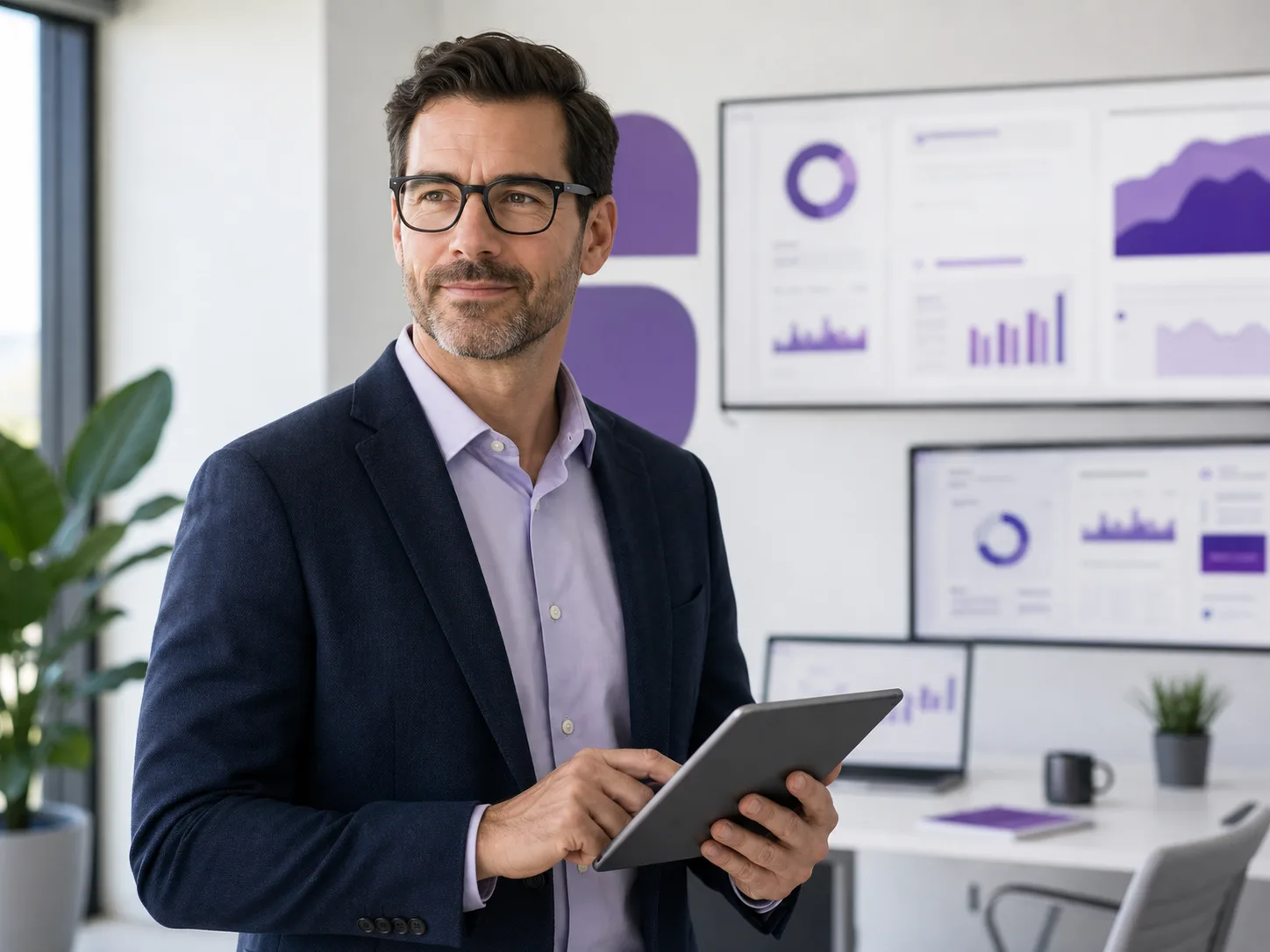 Consultant holding a phone in a purple service website hero composition