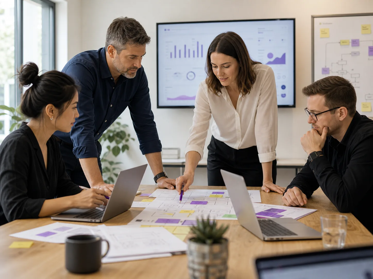 Consulting team reviewing business growth solutions around laptops