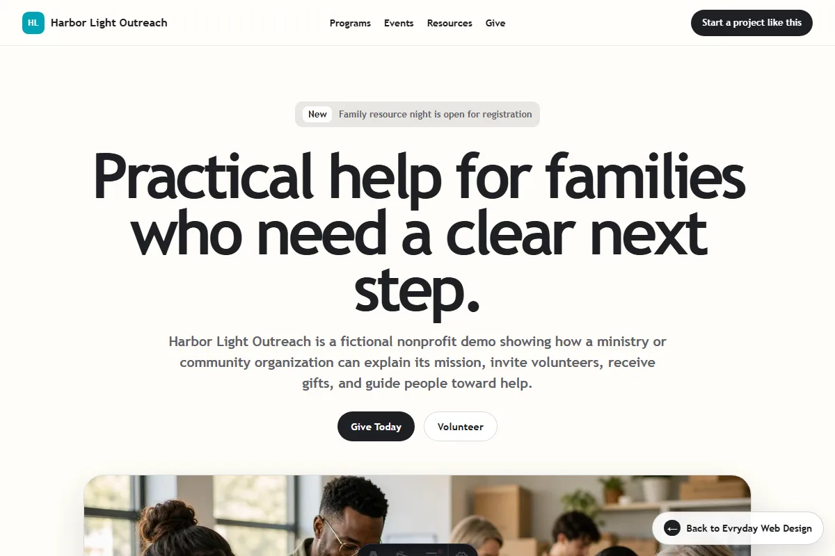 Harbor Light Outreach nonprofit and ministry website demo homepage preview