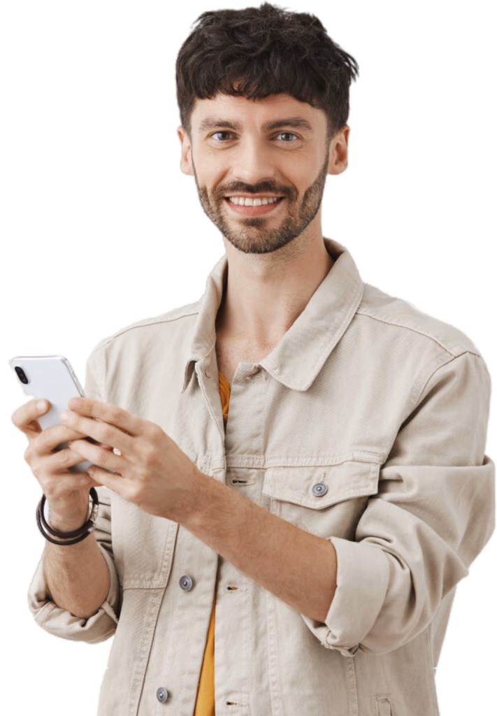 Consultant holding a phone in a purple service website hero composition