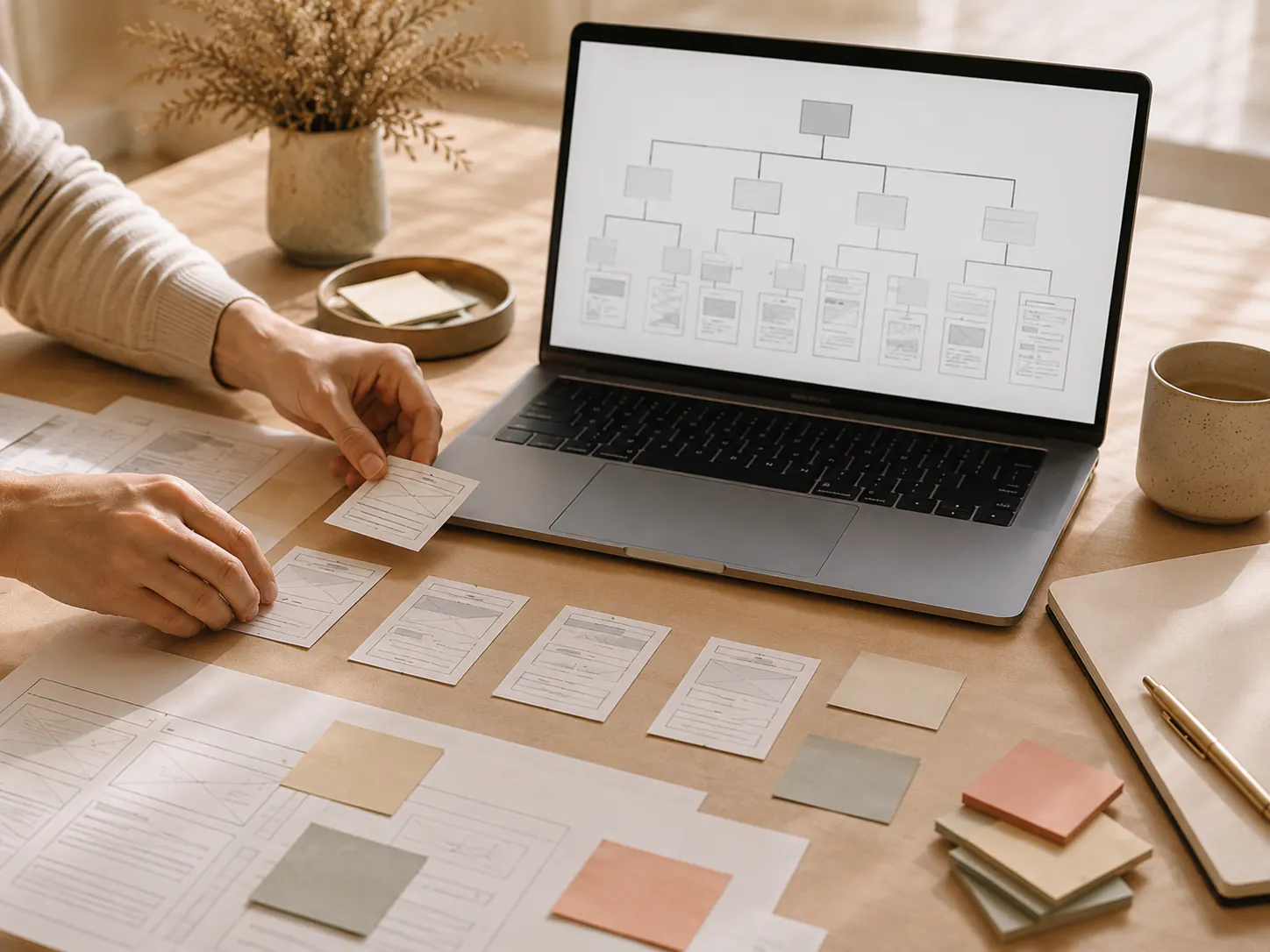 Website page map and wireframe cards arranged beside a laptop